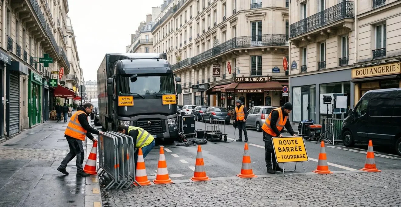 Équipe de professionnels en gilets de sécurité installant des cônes et barrières de ventousage sur une rue parisienne pour sécuriser un emplacement de tournage audiovisuel