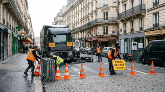Équipe de professionnels en gilets de sécurité installant des cônes et barrières de ventousage sur une rue parisienne pour sécuriser un emplacement de tournage audiovisuel
