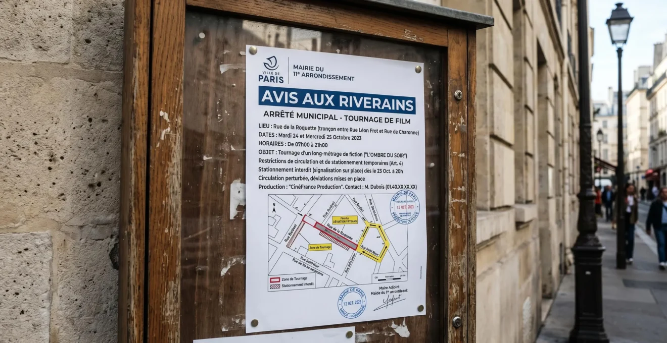 Panneau d'affichage municipal avec avis riverains officiel en français informant du tournage audiovisuel à venir