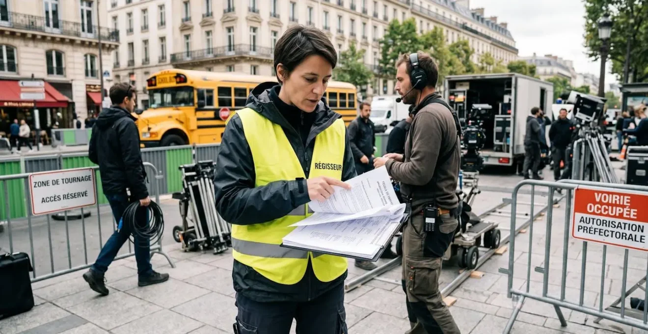Régisseur professionnel contrôlant la documentation administrative et coordonnant l'équipe sur un plateau de tournage extérieur sécurisé